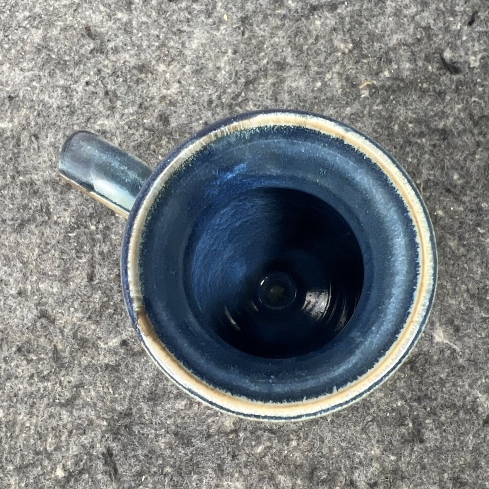 Studio Pottery Belly Coffee Mug Blue Drip Glaze Brown Carved Signed By KERRY IC - Picture 7 of 12